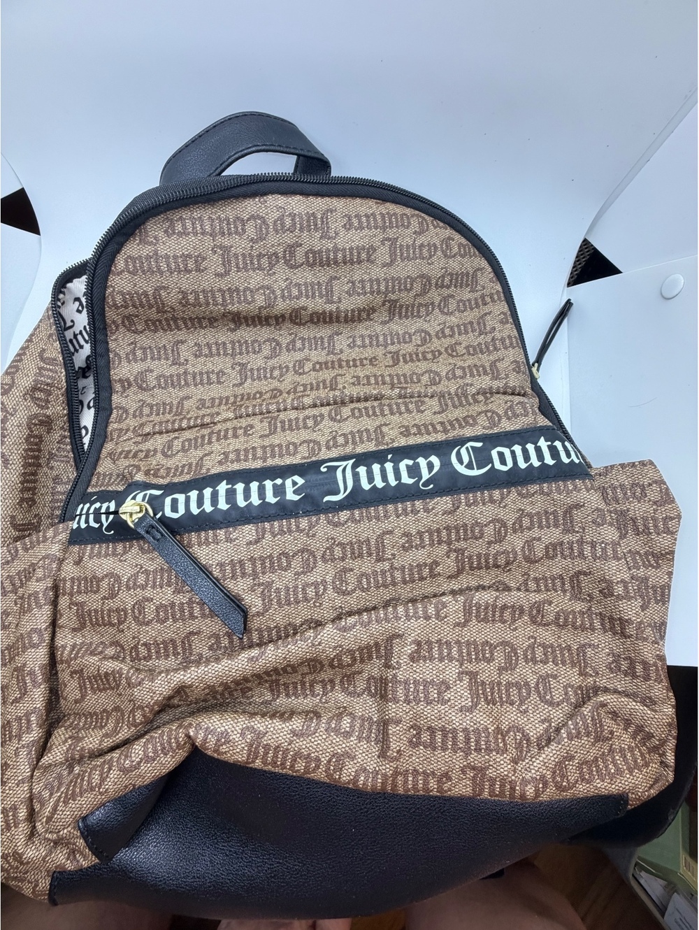 Juicy Couture Logo Print Backpack Brown Black PVC Monogram Travel School Bag